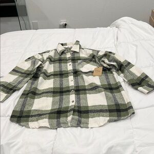 Plaid Button-Up Maternity Shirt in Green and Cream - Large by Eden and Olivia